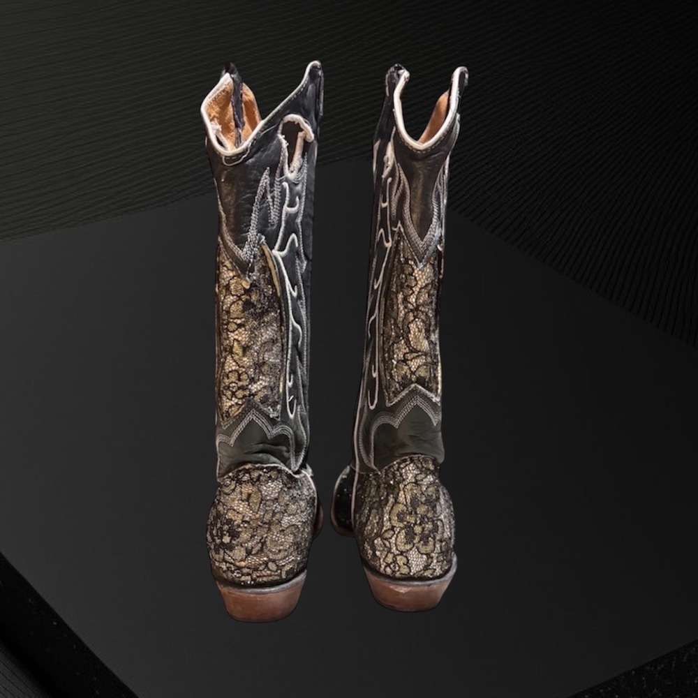 Tanner Mark Cowboy Boots Black Silver & Gold Lace Square Toe Women Size 9 - Picture 5 of 8